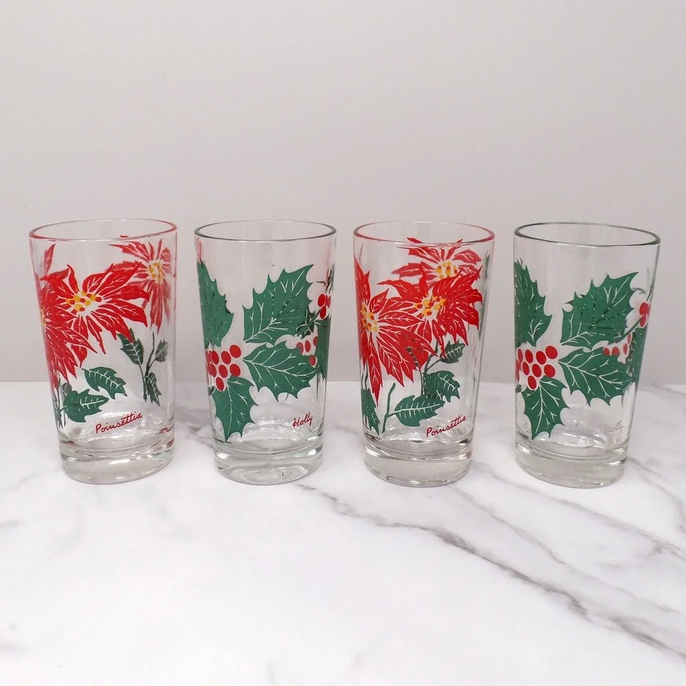Vintage Christmas Glasses: Poinsettia & Holly - Set of 4 (1960s)